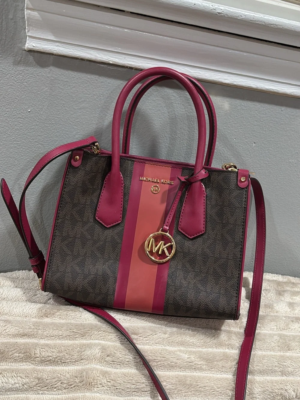 Michael Kors Brown Signature Satchel with Pink and Coral Stripes